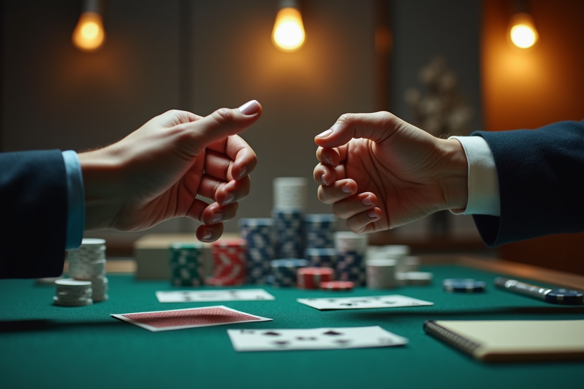 Deux mains échangent des signaux secrets au jeu de cartes