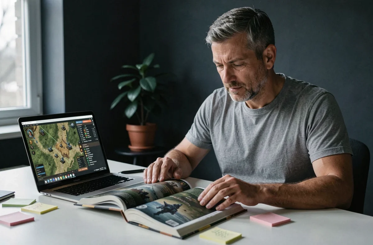 Homme adulte lisant un manuel de jeu de stratégie de guerre moderne devant un écran d'ordinateur