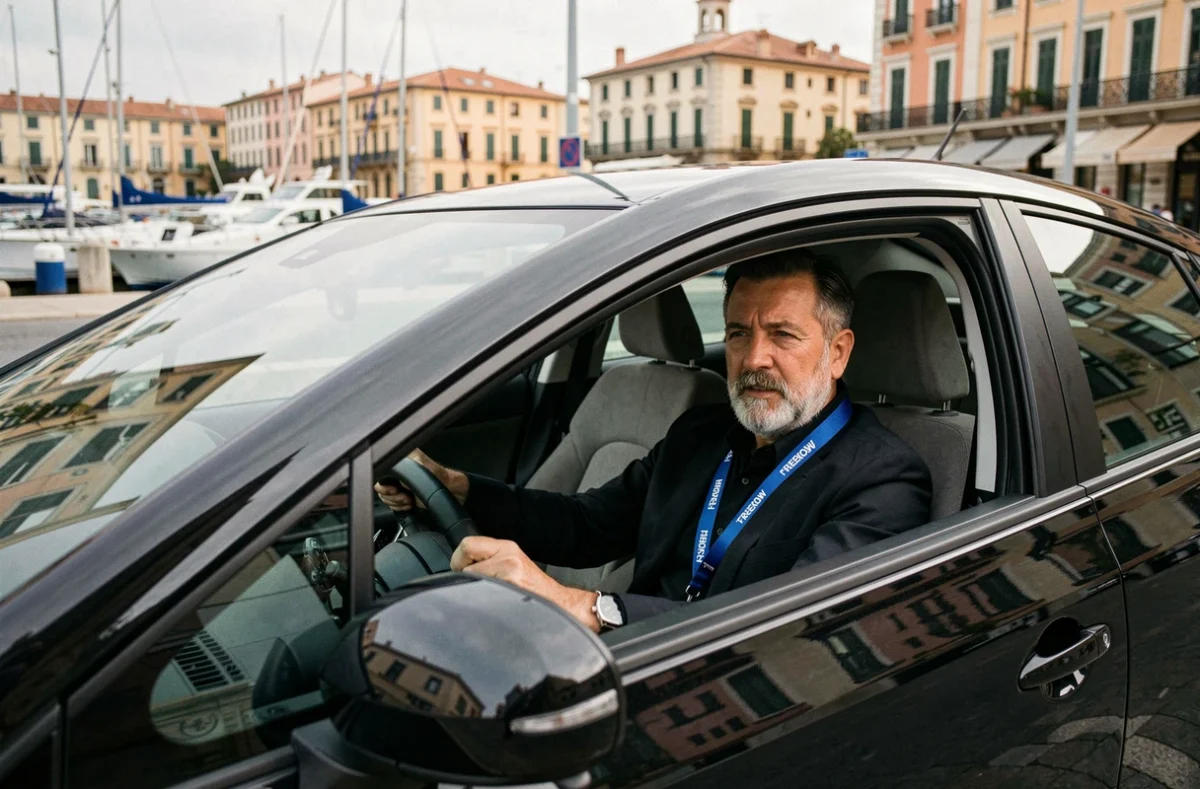 Chauffeur VTC Marcel partenaire FREENOW au volant de son véhicule noir dans une rue animée de Marseille