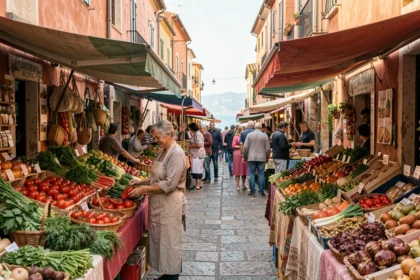 Marché de plein air au Barcarès avec étals colorés de légumes frais et produits catalans, ambiance animée en bord de mer