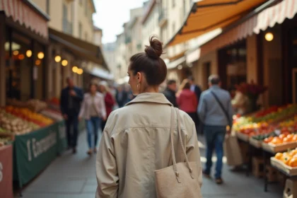 Femme se promenant au marché dominical de la Croix-Rousse à Lyon, sortie gratuite du dimanche