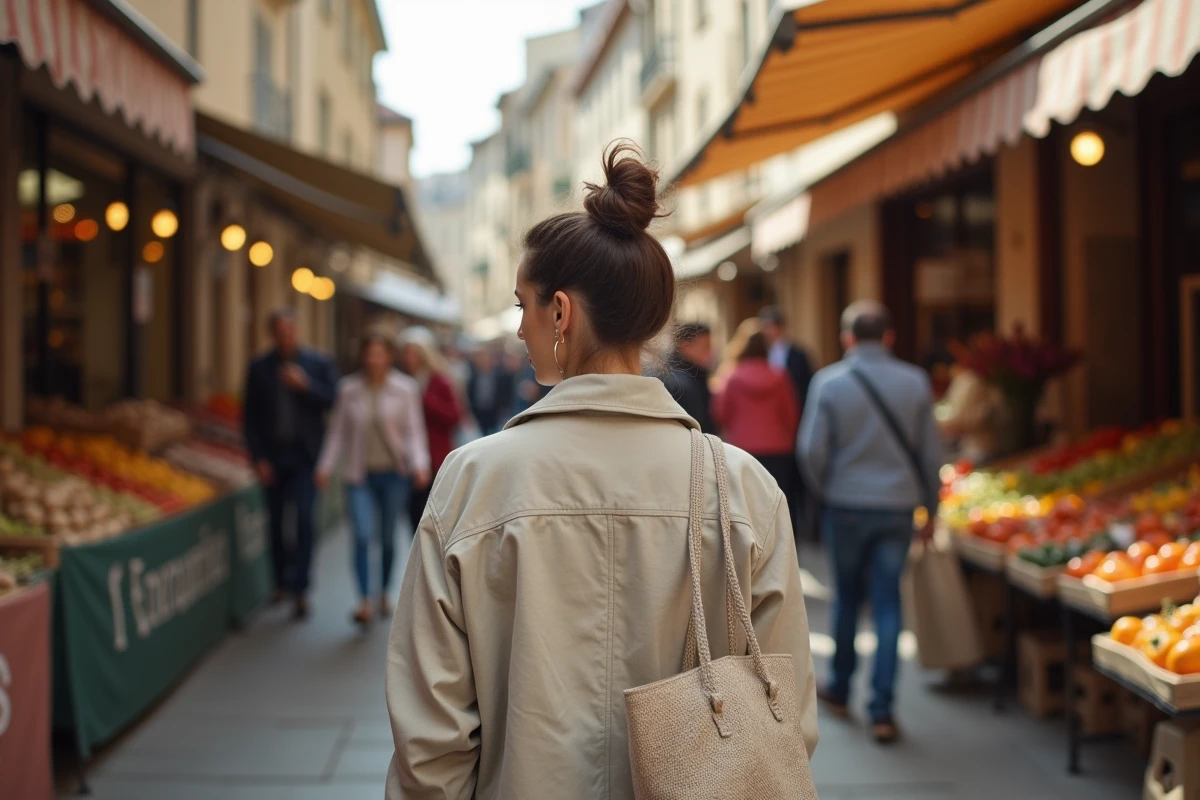 Femme se promenant au marché dominical de la Croix-Rousse à Lyon, sortie gratuite du dimanche