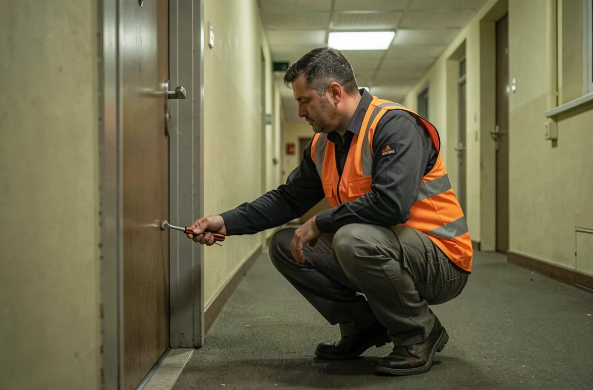 Serrurier de MCO Dépannage intervenant en urgence sur une porte d'appartement verrouillée dans un couloir d'immeuble urbain la nuit