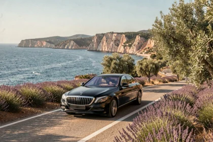 Un chauffeur VTC en berline noire longe une route côtière ensoleillée de Provence-Alpes-Côte d'Azur avec la mer Méditerranée en arrière-plan