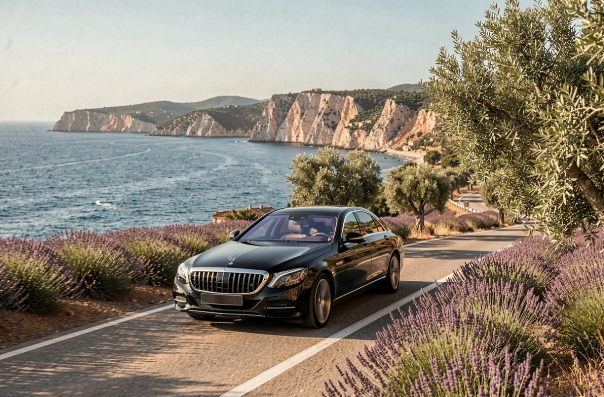 Un chauffeur VTC en berline noire longe une route côtière ensoleillée de Provence-Alpes-Côte d'Azur avec la mer Méditerranée en arrière-plan