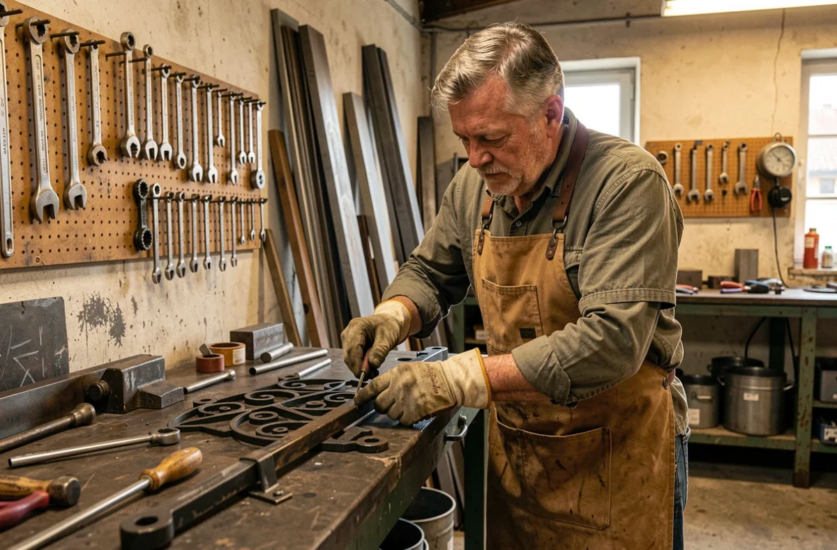Artisan de la Métallerie Loirétaine ajustant un composant de ferronnerie dans son atelier de métallurgie équipé dans le Loiret