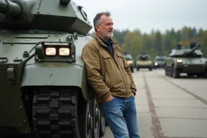 Homme militaire devant un char Leclerc lors d'une exposition
