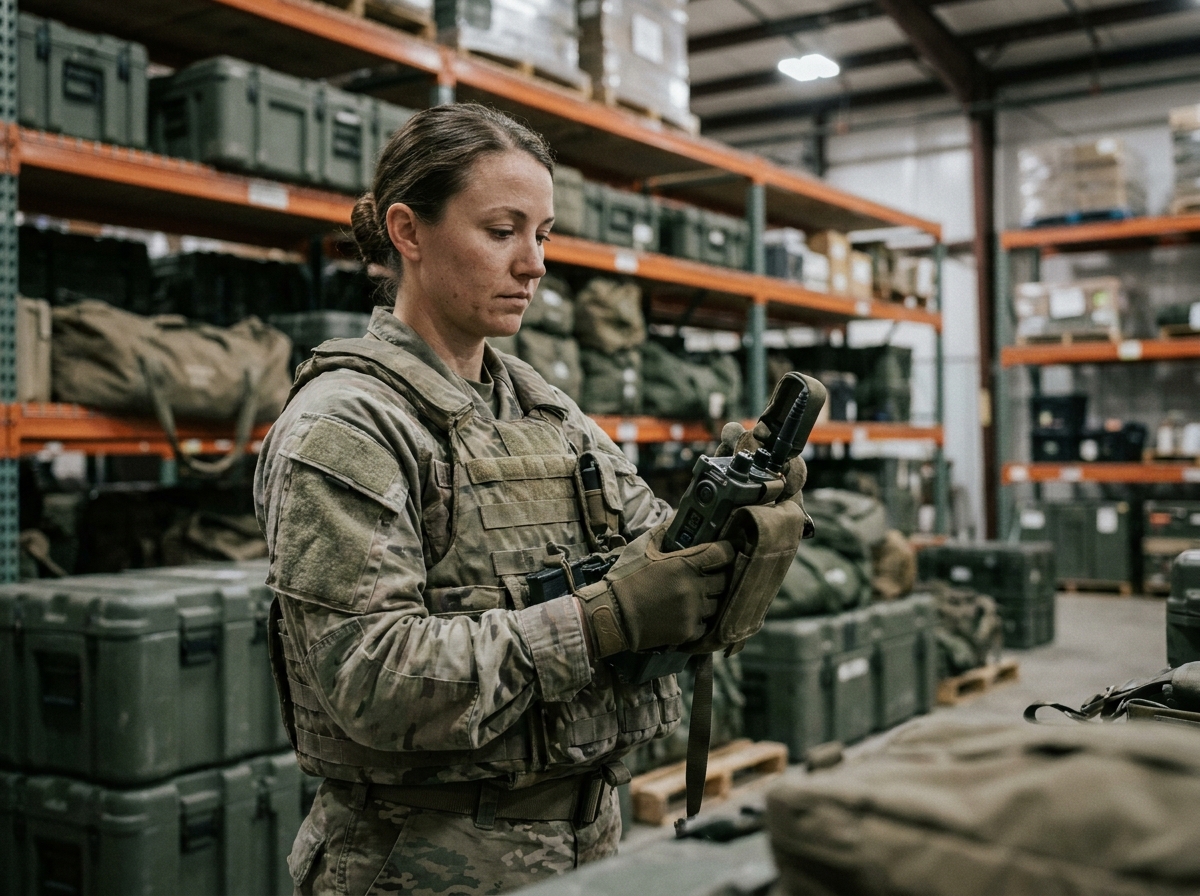 Militaire féminine inspectant du matériel tactique dans un entrepôt logistique lors de la préparation d'une mission extérieure