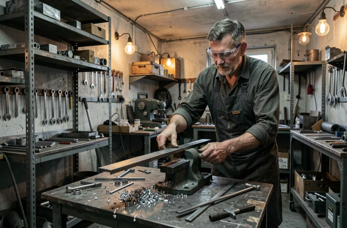 Artisan de Music Métal cintrant une barre métallique sur une presse manuelle dans son atelier de fabrication métallique dans le Loiret