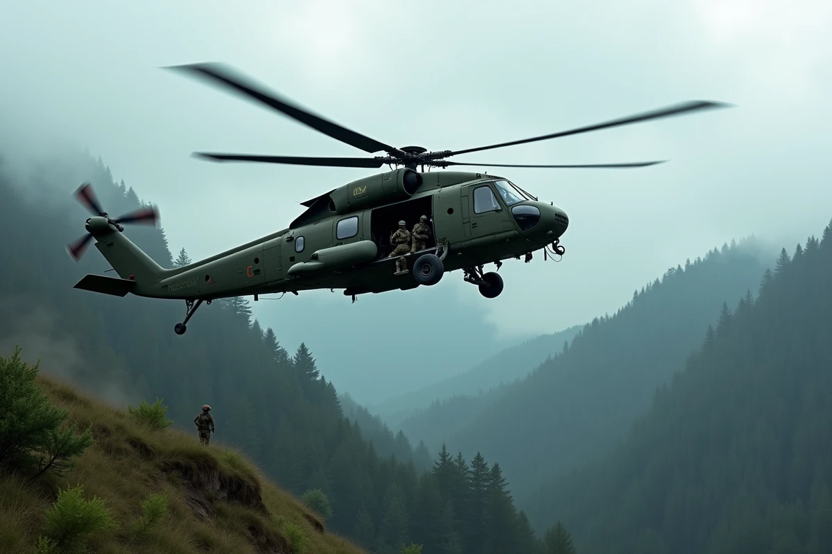 Hélicoptère NH90 Caïman de l'armée de terre française en manœuvre d'insertion rapide au-dessus d'une zone boisée