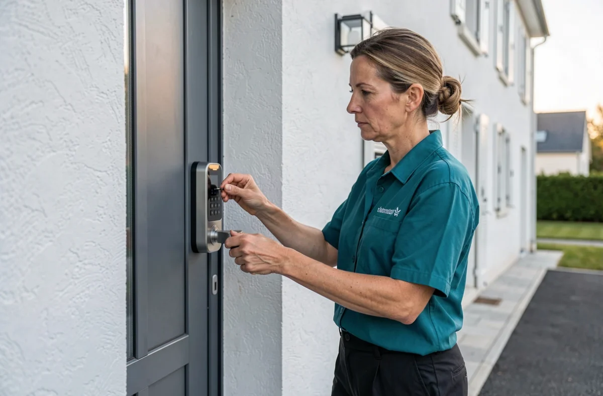 Technicienne d'Orelec SARL installant une serrure connectée avec pavé numérique sur la porte d'une maison contemporaine en périphérie d'Orléans