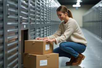 Femme organisant des cartons dans un local de stockage moderne