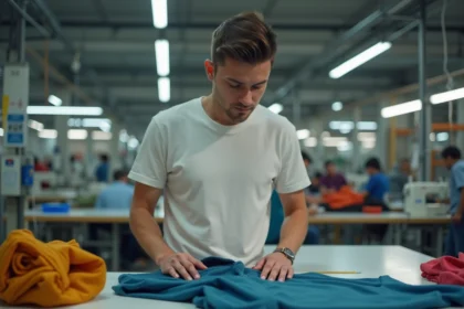 Jeune homme inspectant un hoodie dans une usine textile