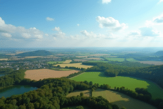 Paysage rural vu d'en haut avec champs et forêts