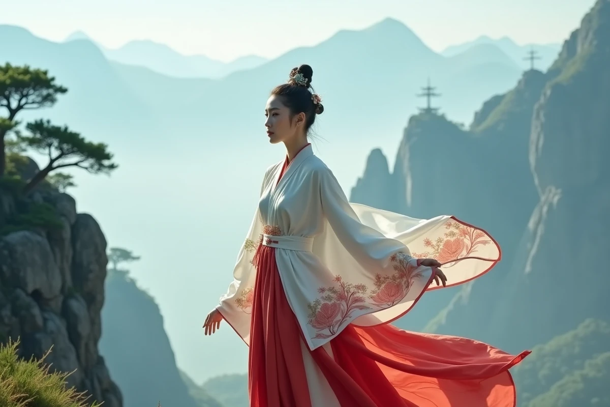 Femme en robe hanfu blanche et rouge posant devant un paysage de montagnes brumeuses avec pins anciens