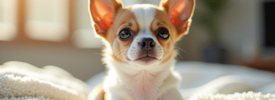 Chihuahua miniature sur une couverture blanche en intérieur