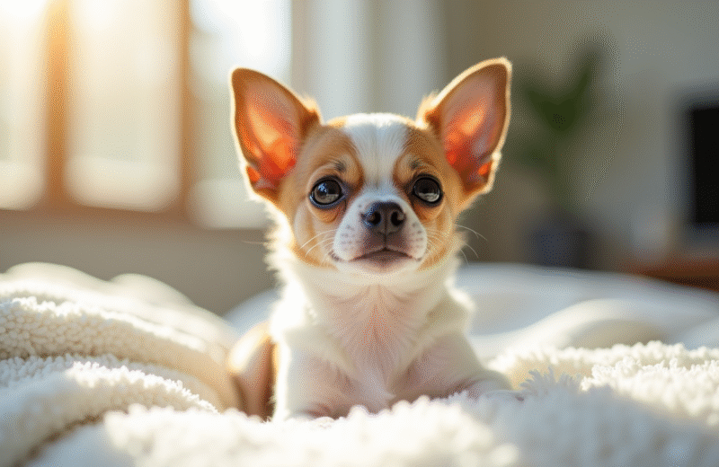 Chihuahua miniature sur une couverture blanche en intérieur