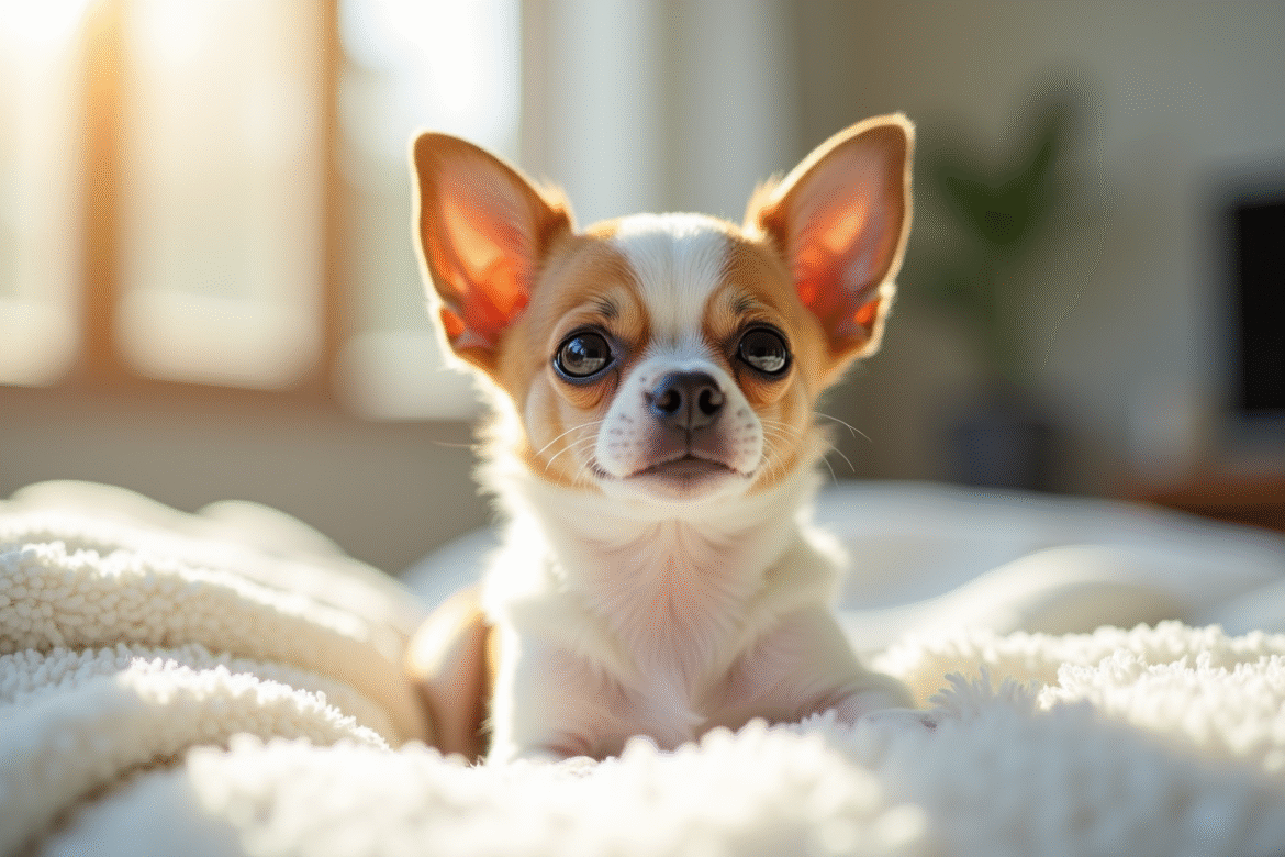 Chihuahua miniature sur une couverture blanche en intérieur