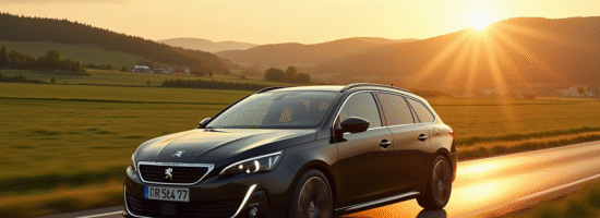 Peugeot 308 SW en voyage sur une route de campagne au coucher du soleil