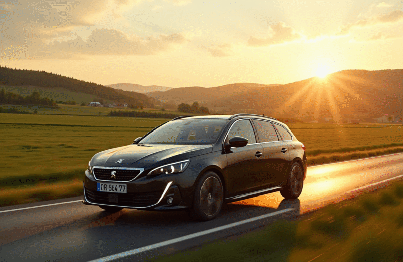 Peugeot 308 SW en voyage sur une route de campagne au coucher du soleil