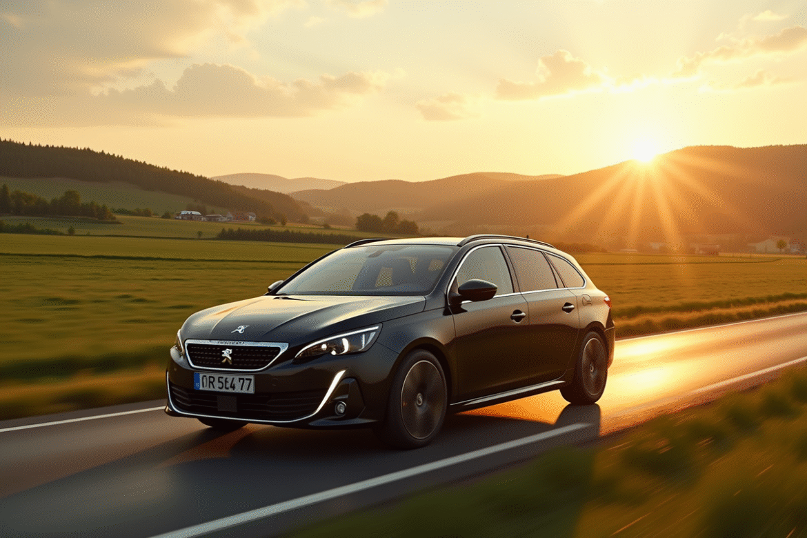 Peugeot 308 SW en voyage sur une route de campagne au coucher du soleil