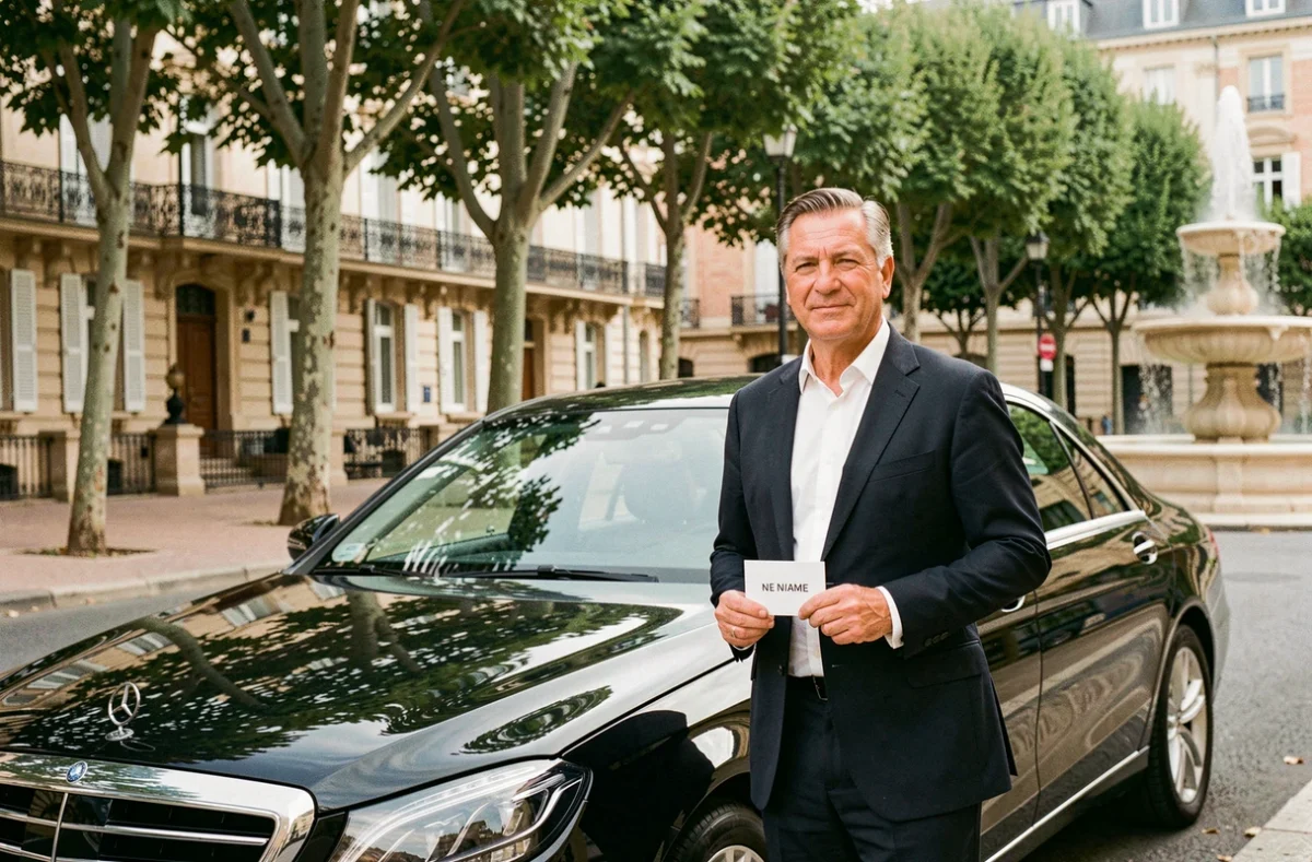 Chauffeur VTC Philippe Goganian en costume sombre devant sa berline noire sur le Cours Mirabeau à Aix-en-Provence
