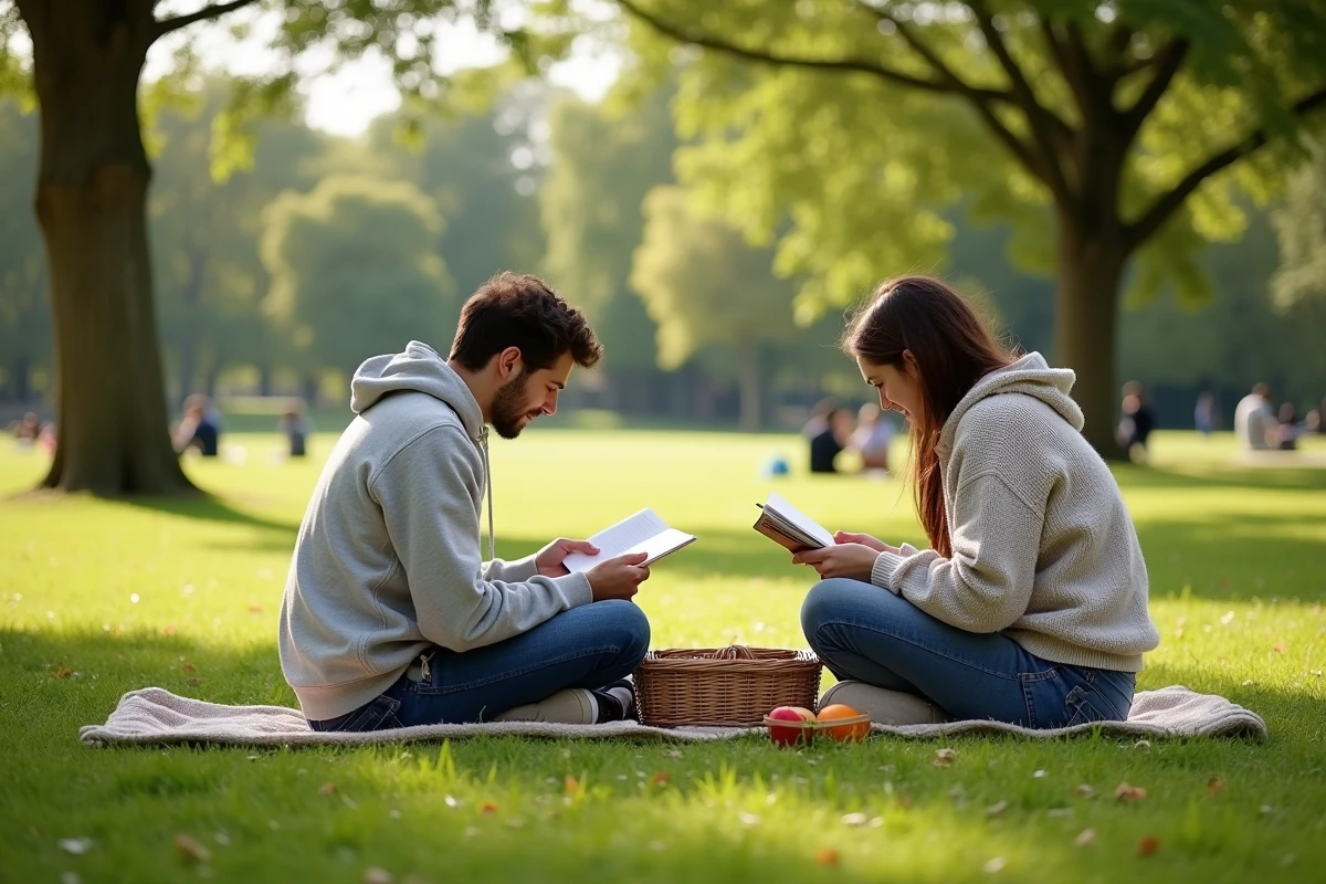 Couple en pique-nique gratuit au Parc de la Tête d'Or à Lyon un dimanche après-midi