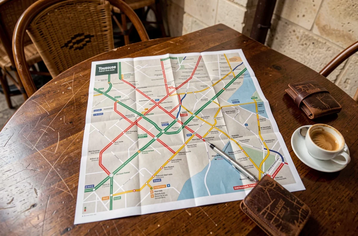 Plan papier des transports en commun de Toulouse déplié sur une table de café avec un trajet marqué au stylo