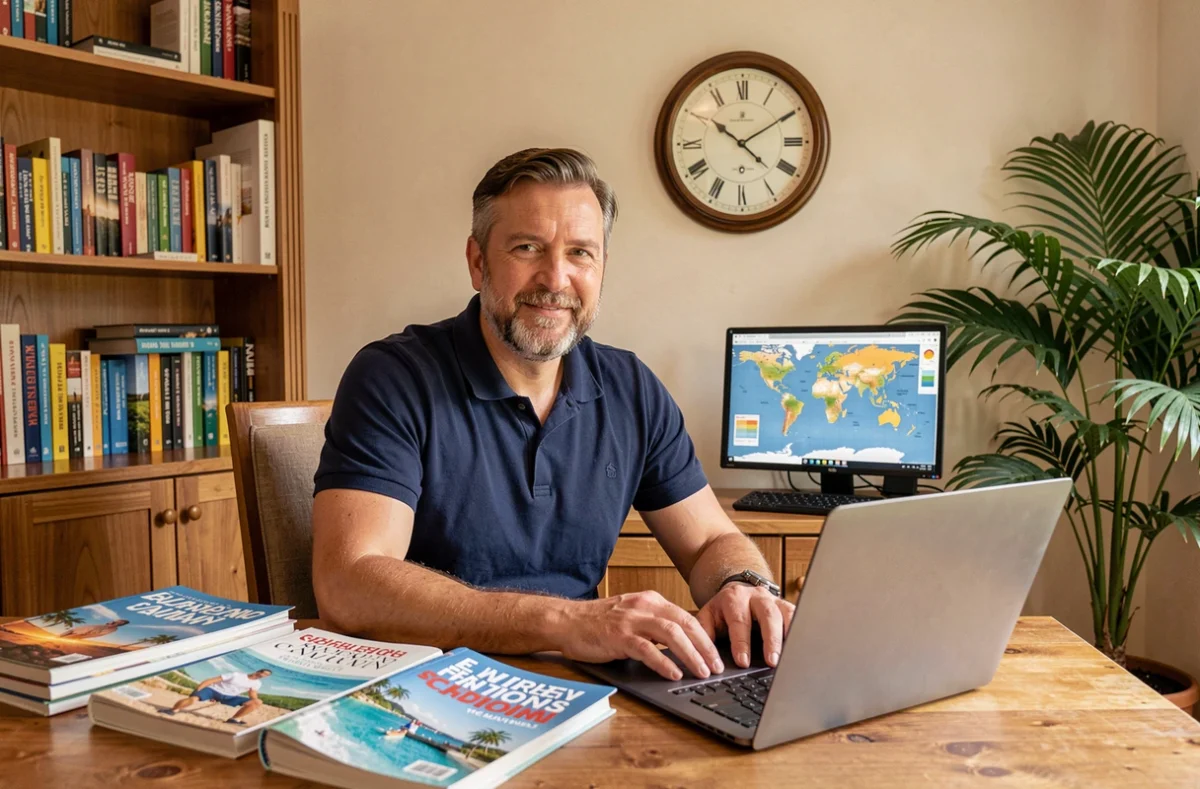 Homme planifiant un voyage en Nouvelle-Calédonie depuis son bureau avec une carte des fuseaux horaires sur son ordinateur