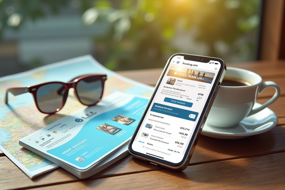Smartphone avec application Booking com et accessoires voyage