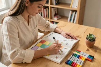 Femme personnalisant un planning mensuel 2026 avec des marqueurs colorés et des icônes faites main sur un bureau en bois