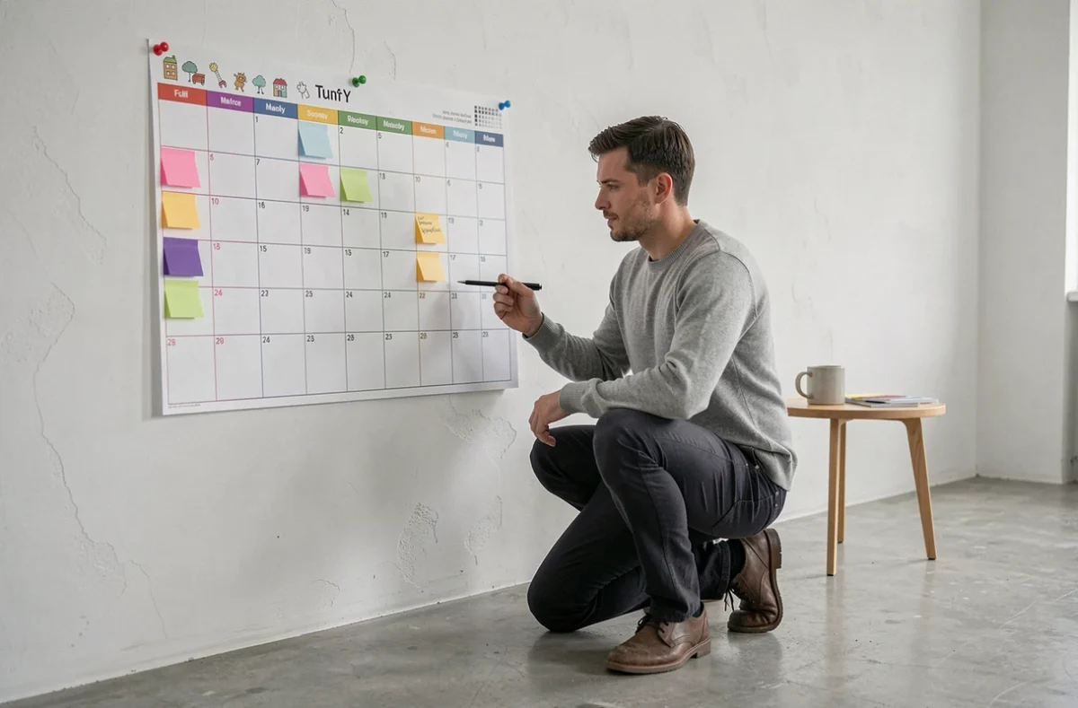 Homme ajoutant des onglets colorés et des icônes personnalisées sur un grand planning annuel 2026 affiché au mur