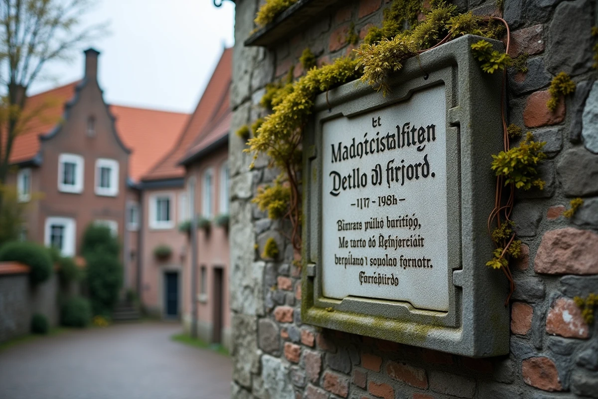 Plaque commémorative en pierre dans une ville historique européenne rendant hommage à un officier mousquetaire du XVIIe siècle