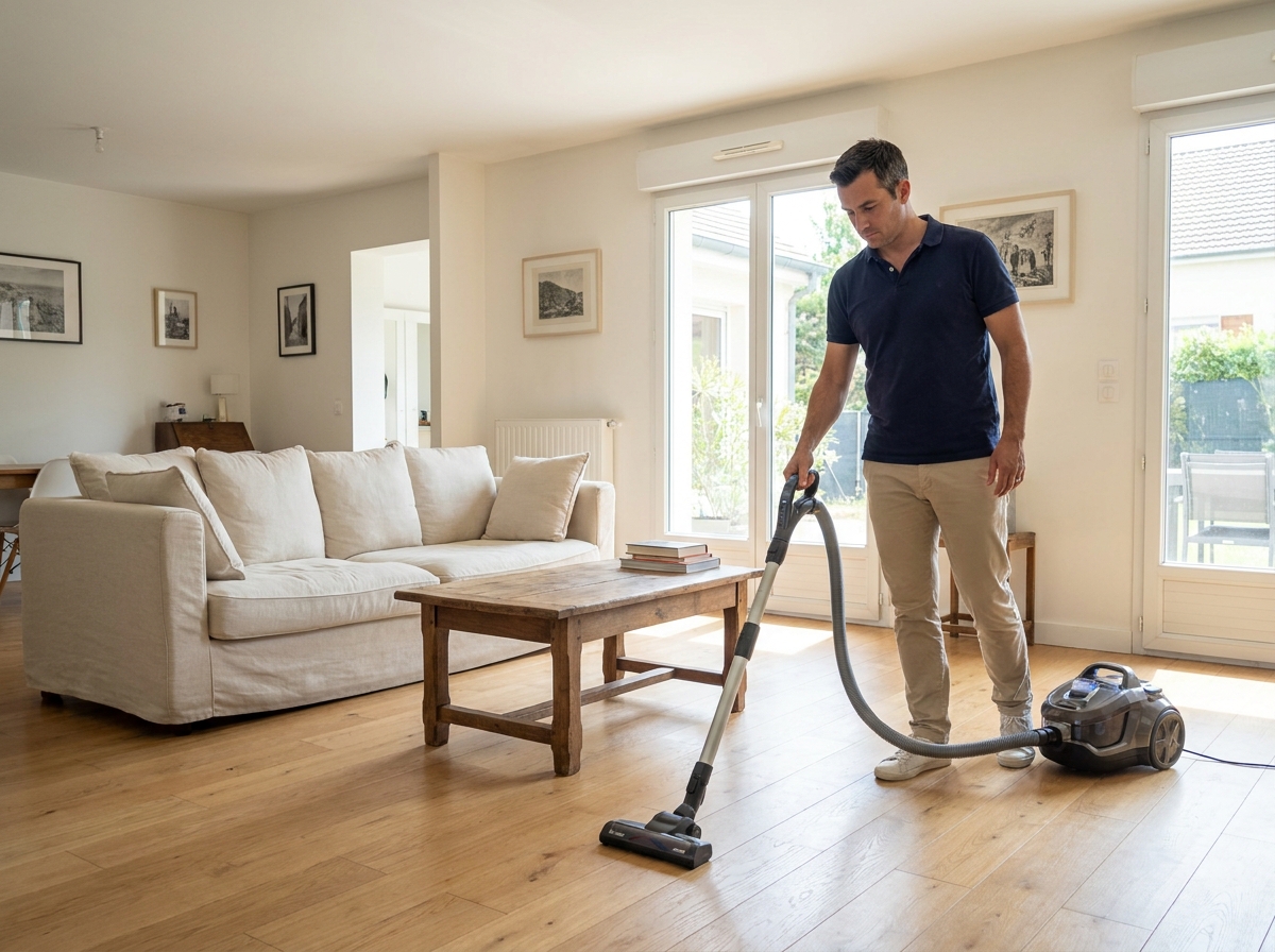 Prestataire de ménage passant l'aspirateur dans un salon propre d'une maison à Brunoy en Essonne