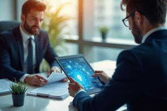 Deux professionnels en réunion avec blockchain numérique