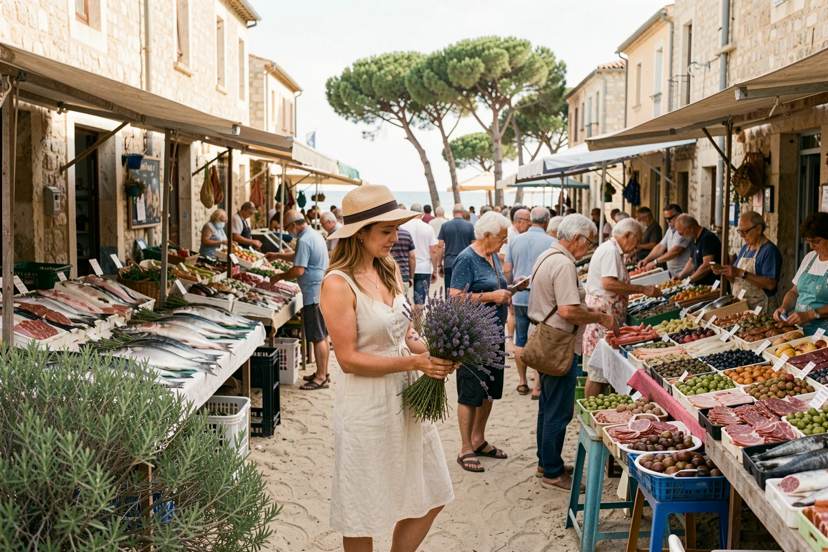 Promenade matinale au marché du Barcarès, ambiance balnéaire avec étals de poissons, olives et lavande sous les pins