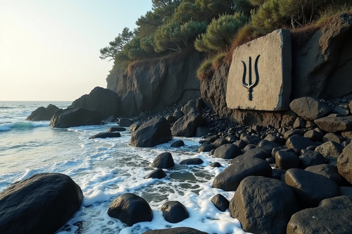 Relief sculpté d'un trident dans une falaise de roche volcanique sur un littoral méditerranéen entouré de végétation côtière et de mousses marines
