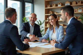 Homme et femme d'affaires souriants lors d'une réunion immobiliere