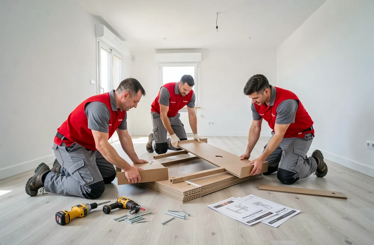 Équipe de Renfort Services montant des meubles en kit dans un appartement lumineux fraîchement livré à Nîmes