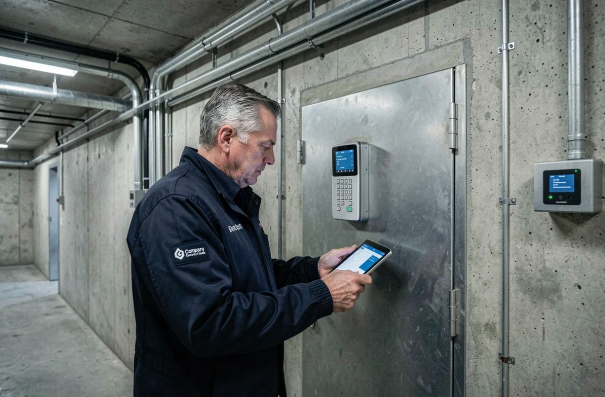 Expert de RH Sécurité configurant un système de contrôle d'accès électronique sur une porte renforcée dans un couloir industriel
