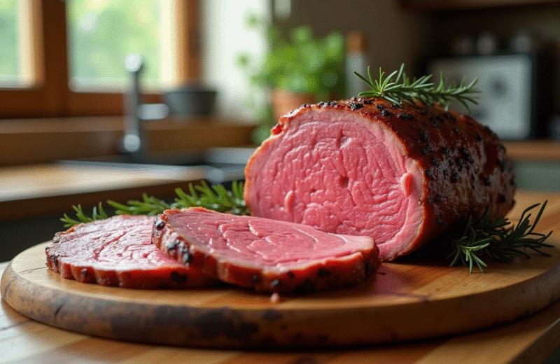 Rôti de boeuf cuit avec roses et romarin sur planche en bois