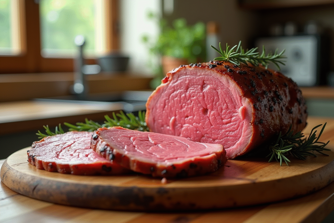 Rôti de boeuf cuit avec roses et romarin sur planche en bois