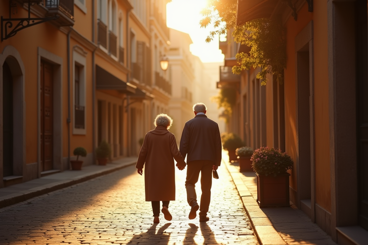 Couple âgé se promenant dans une rue pavée en fin d