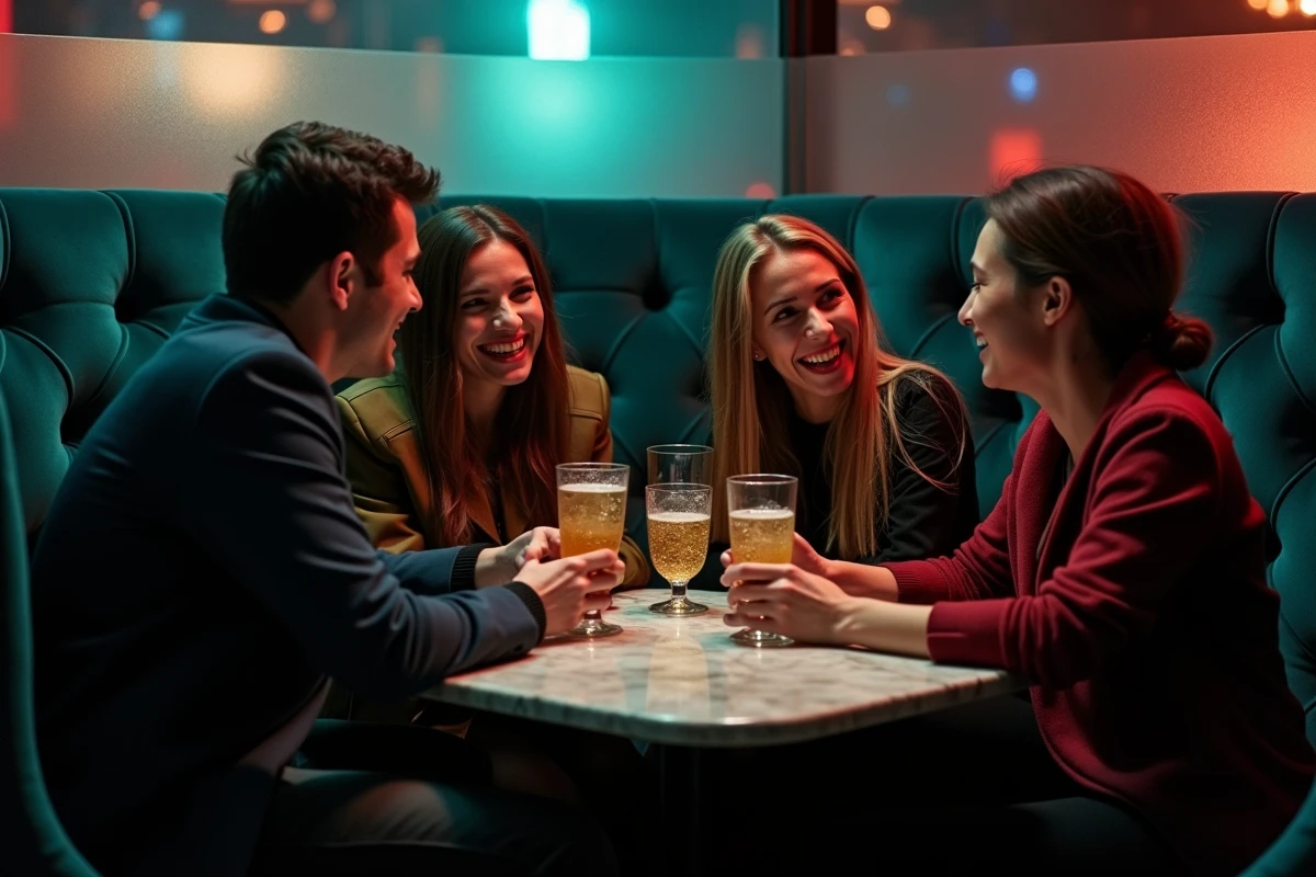Groupe d'amis dans un salon VIP d'un club nocturne, attablés autour de verres dans une ambiance intime et animée