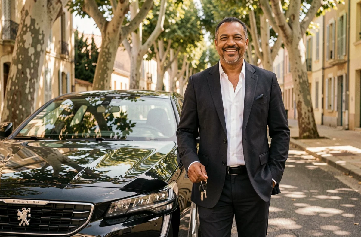 Chauffeur VTC Samir en veste sombre debout près de sa berline noire dans une avenue d'Aix-en-Provence