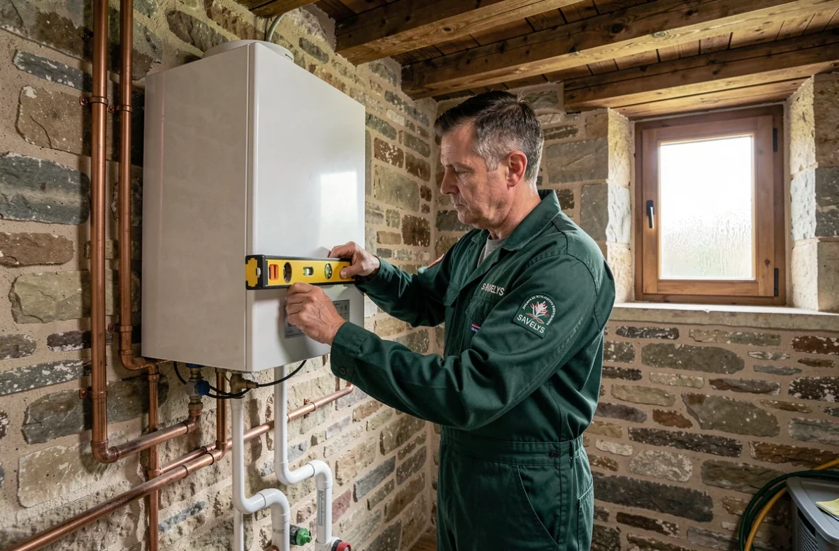 Technicien SAVELYS installant une chaudière à condensation dans une maison rurale de Côte-d'Or