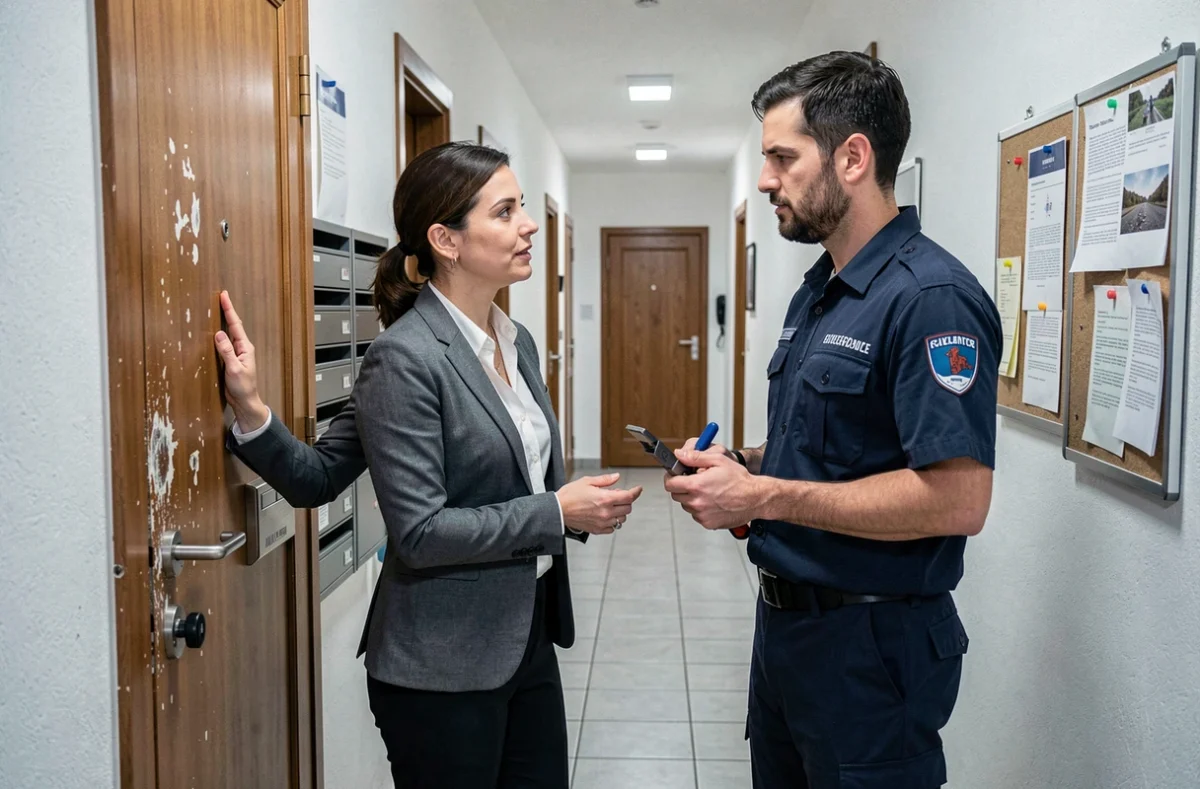 Serrurier et gestionnaire de copropriété examinant une serrure dans un couloir d'immeuble en Sarthe