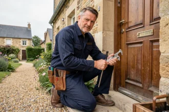 Serrurier professionnel en uniforme travaillant devant une porte d'entrée dans la Sarthe