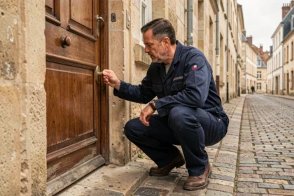 Serrurier professionnel examinant une serrure sur une porte en bois dans une rue d'Orléans, ambiance urbaine du Loiret