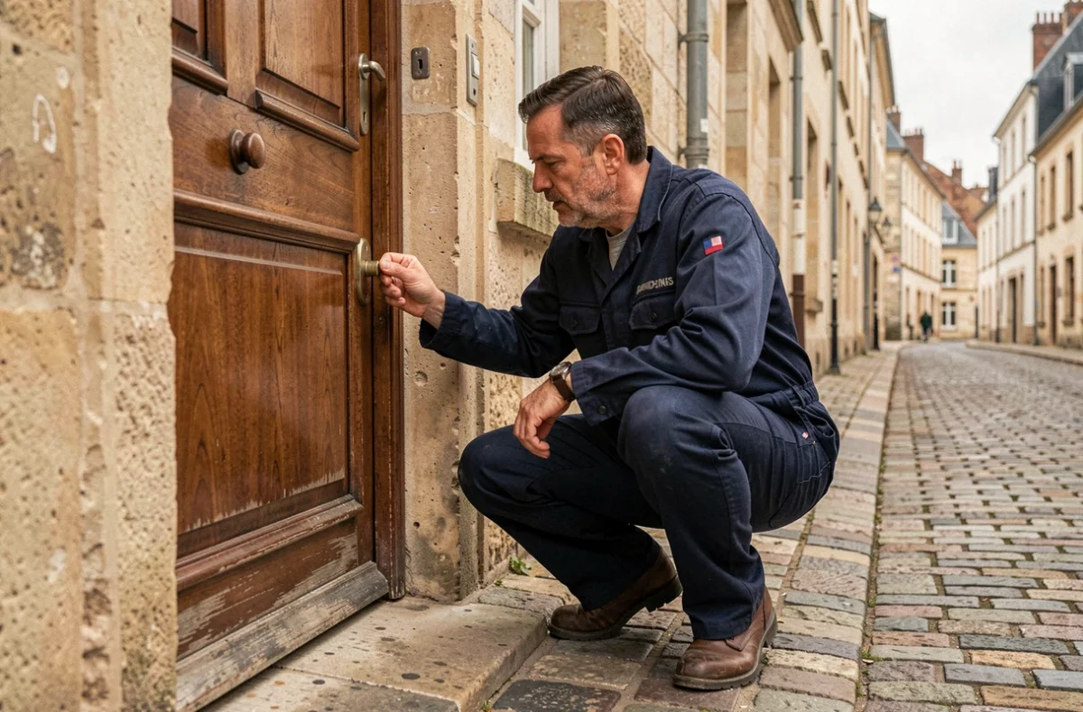 Serrurier professionnel examinant une serrure sur une porte en bois dans une rue d'Orléans, ambiance urbaine du Loiret